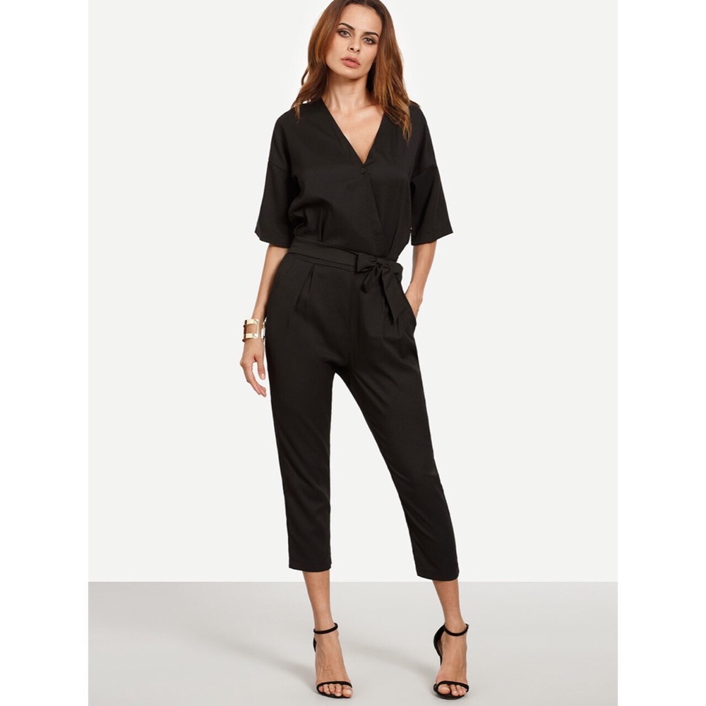 Black Surplice Tie Waist Crop Jumpsuit